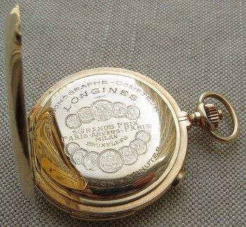 Часы карманные, LONGINES, минутный репетир, хронограф, 1916г., золото 585 проба, калибр 19М, 111.4 грамма, 57мм., Артикул 1603