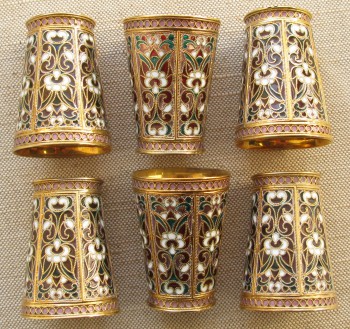 Набор стопок, серебро 925 проба, скань, позолота, витражная эмаль, 316 грамм, 61мм высота, 46 мм верхний диаметр, Евгений Бутенко., Артикул 1496
