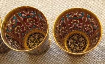 Набор стопок, серебро 925 проба, скань, позолота, витражная эмаль, 316 грамм, 61мм высота, 46 мм верхний диаметр, Евгений Бутенко., Артикул 1496