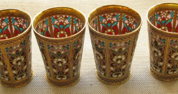 Набор стопок, серебро 925 проба, скань, позолота, витражная эмаль, 316 грамм, 61мм высота, 46 мм верхний диаметр, Евгений Бутенко., Артикул 1496