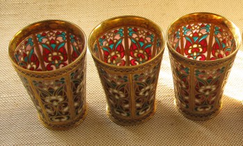 Набор стопок, серебро 925 проба, скань, позолота, витражная эмаль, 316 грамм, 61мм высота, 46 мм верхний диаметр, Евгений Бутенко., Артикул 1496