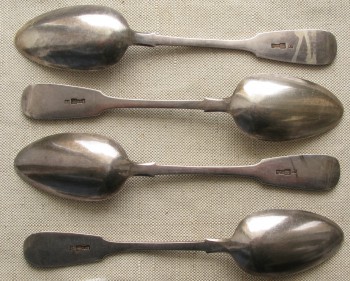 Столовые ложки, 4 штуки, серебро 84 проба, 1876г., Россия, Москва, Иван Алексеев, 301грамм. 217мм., Артикул 1519