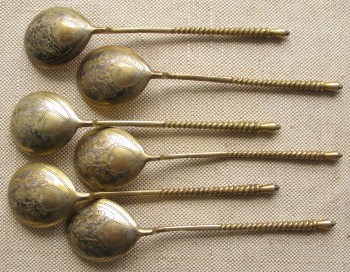 6 ложек чайных, серебро 84 проба, позолота, 1882г., Россия, 128 грамм, 139мм., Артикул 1526