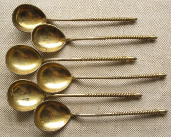 6 ложек чайных, серебро 84 проба, позолота, 1882г., Россия, 128 грамм, 139мм., Артикул 1526
