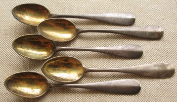 5 ложек кофейных, серебро, 84 проба, 1889г., Россия, Москва, Антон Чеварзин,  85.7 грамма, 106мм., Артикул 1529