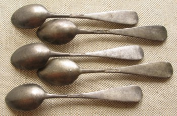 5 ложек кофейных, серебро, 84 проба, 1889г., Россия, Москва, Антон Чеварзин,  85.7 грамма, 106мм., Артикул 1529