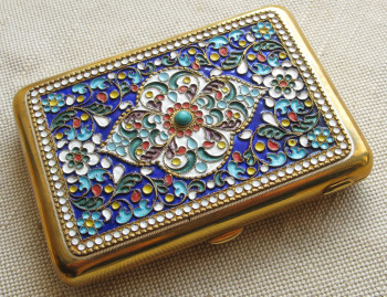 Портсигар, Эмаль, серебро 875 проба, позолота, Кубачи, 209 грамм, 105х73мм., Артикул 1562