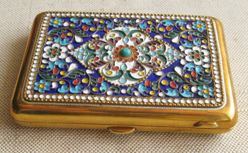 Портсигар, Эмаль, серебро 875 проба, позолота, Кубачи, 209 грамм, 105х73мм., Артикул 1562